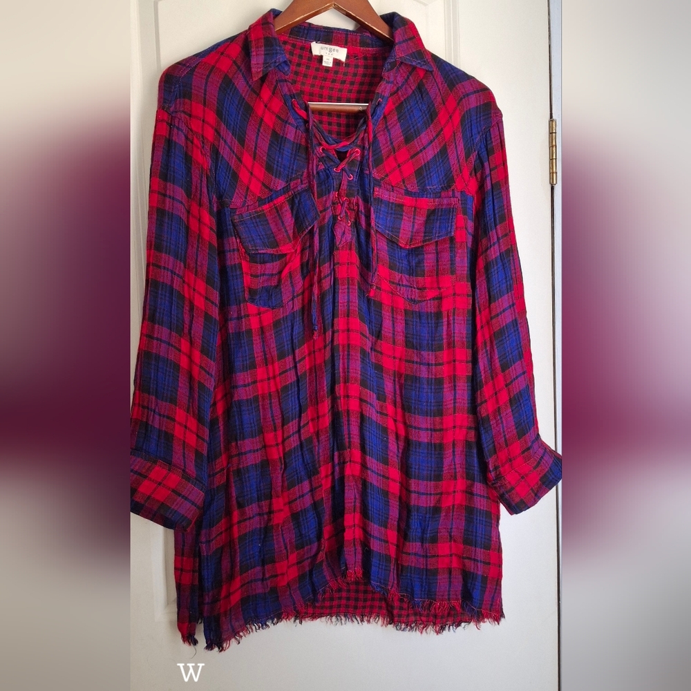 Umgee Red and Blue Plaid Lace-Up Shirt Sz M Oversize Cottagecore Boho Hippie